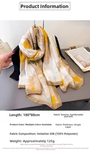 Detail view of floral print faux silk scarf showing 180x80cm dimensions and 125g weight