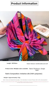Detail showing colorful stripe print scarf, 180x80cm size, soft 100% polyester fabric