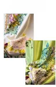 Detailed texture of silk satin scarves with colorful peony floral prints and smooth finish