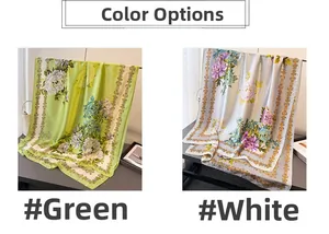 Close-up of floral silk scarves featuring peony prints in green and white color options