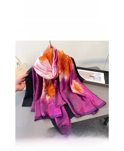 Close-up of silk scarf fabric showing vibrant purple and orange floral print patterns