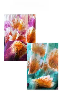 Detailed view of the smooth silk-like texture and vivid floral lotus print on the scarf