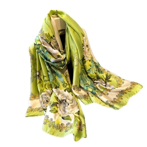 Elegant green floral silk satin scarf with white peony patterns and golden borders