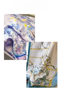 Detailed view of floral faux silk scarves with elegant peony patterns and satin finish
