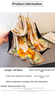 Detail view of floral faux silk scarf showing 180x80cm size and soft polyester texture