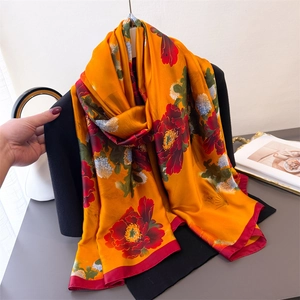 Floral Printed Scarf Shawl Long Satin Polyester Sun Protection Lightweight Elegant Women Versatile Wraps Headscarf