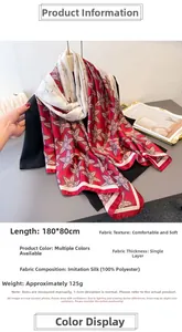 Detailed view of red and beige floral silk-feel scarf with 180x80cm dimensions