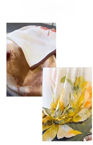 Detail of printed silk scarf showing smooth fabric texture and yellow floral patterns