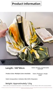 Detail of 180x80cm floral faux silk scarf with elegant yellow and green flower patterns