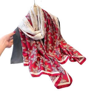 Floral print satin silk scarf in red and white contrast colors for women shawl