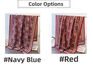 Détails des écharpes en soie artificielle bleu marine et rouge aux motifs floraux bohèmes
