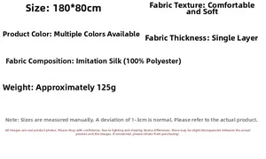 Size 180x80cm, 100% polyester satin scarf specifications, 125g lightweight single layer