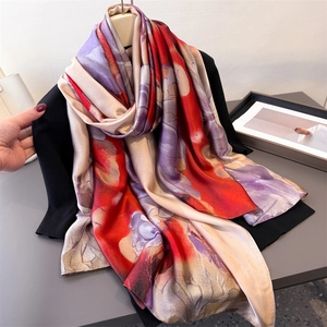 Floral Print Satin Like Satin Scarf Elegant Long Shawl For Women Lightweight Thin Sun Protection Breathable Wrap Fashion