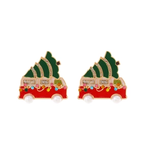 Boucles d'oreilles bus de Noël rouge avec sapin vert et cristaux colorés