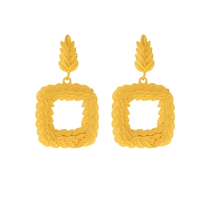 Vintage olive leaf stud earrings with square woven wheat gold-plated alloy pendants