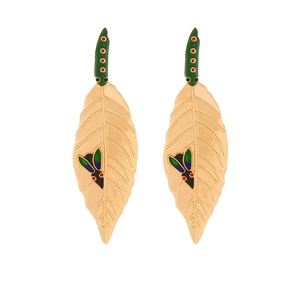 Golden enamel leaf earrings with creative insect design and colorful polka dots