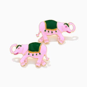 Boucles d'oreilles éléphant en émail rose et vert avec placage or au design animal