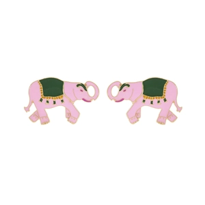 Boucles d'oreilles éléphant en émail rose avec détail de selle verte et alliage doré