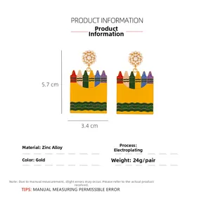 Detailed view of colorful crayon box earrings with dimensions 5.7cm by 3.4cm and pearls