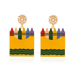 Colorful Crayon Box Dangle Earrings Alloy Enamel Jewelry With Faux Artificial Pearl Accents Cute Back To School Fashion Accessory
