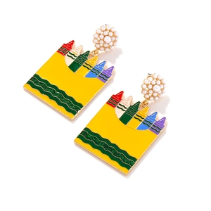 Colorful crayon enamel earrings with pearls in a fun long drop dangle fashion design