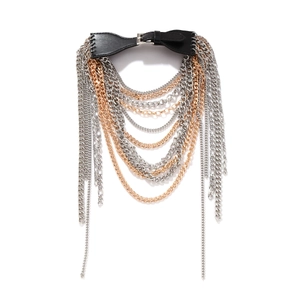 Overdreven Punk Gelaagde Metalen Ketting Waterval Kwastje Halsketting PU Leer Gevlochten Layered Choker Voor Vrouwen Sieraden
