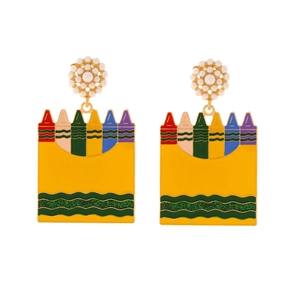 Colorful crayon enamel earrings with pearl cluster and yellow dangling charms for women