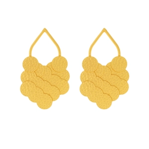 Layered gold leaf earrings with textured circular metal discs for a modern luxury look