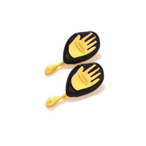 Retro gold alloy earrings with black enamel palm and lip charms in artistic water drop style