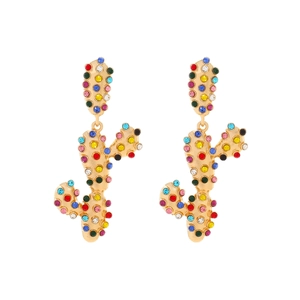 Cactus Drop Earrings Zinc Alloy Colorful Rhinestones Long Dangle Plant Jewelry For Women Trendy Fashion Accessory