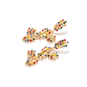 Exaggerated long cactus earrings with colorful rhinestones on gold alloy base