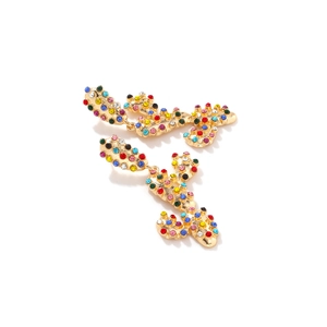 Close-up of golden cactus earrings featuring vibrant multi-colored pave set rhinestones