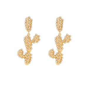 Sparkling gold-plated cactus drop earrings with full rhinestone inlay on white background