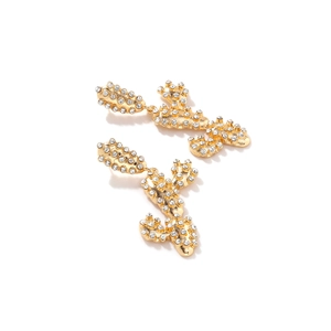 Sparkling gold cactus earrings with white rhinestones on a clean white background