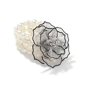 Bohemian multi-layer pearl bracelet with oversized silver floral accent and crystals