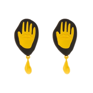 Retro black and gold hand-shaped earrings with lip pattern and water drop pendants