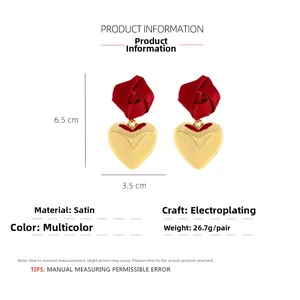 Detail view of handmade rose heart earrings with dimension lines showing 6.5x3.5cm size