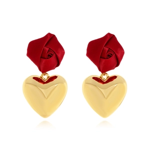 Handmade red fabric rose earrings with gold heart pendants for Valentine gift