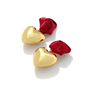 Elegant red fabric rose and gold heart drop earrings for Valentine's Day jewelry gift