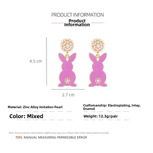 Detailed technical view of pink rabbit drop earrings with size markers and specs
