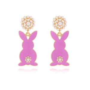 Cute pink enamel bunny drop earrings with white pearl floral accents on white background