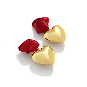Handmade fabric red rose heart earrings with polished gold heart-shaped pendants