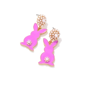 Pink enamel Easter rabbit earrings with artificial pearl flower studs and gold metal base