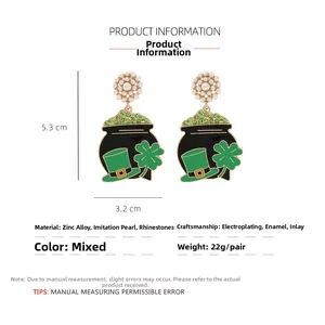 Detail view of St. Patrick's Day clover earrings with pearls and green rhinestones