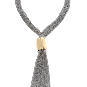 Statement silver multi-strand chain tassel necklace with golden hammered metal sleeve