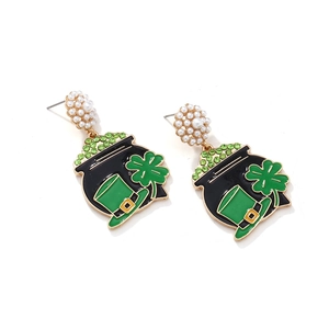 Lucky clover drop earrings with green enamel and pearls for St. Patrick's Day celebration