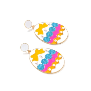 Colorful Easter egg drop earrings with bow and pearls in gold-tone enamel finish