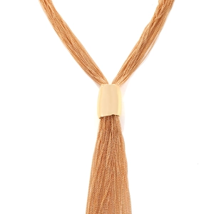 Detailed close-up of multi-strand gold chain necklace with sleek curved buckle and tassels