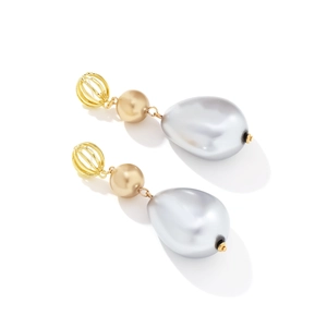 Baroque irregular pearl drop earrings with golden hollow sphere and retro long design