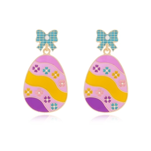 Colorful enamel Easter egg drop earrings with light blue bow and faux pearl detail